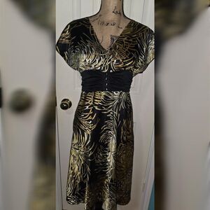 Indian Tropical L Black Gold Party Dress Formal Print Rayon Midi V-Neck Elegant